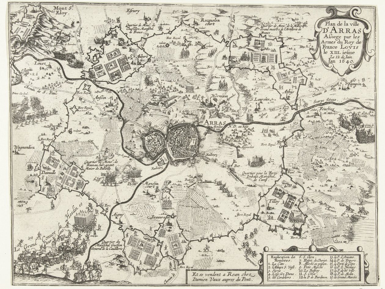 Beleg van Arras dörr av Fransen, 1640 Plan av staden Arras belägrad av vapen av kungen av Frankrike Ludvig XIII.iesme Den 12 juni. år 1640 (titel på objekt) av Anonymous