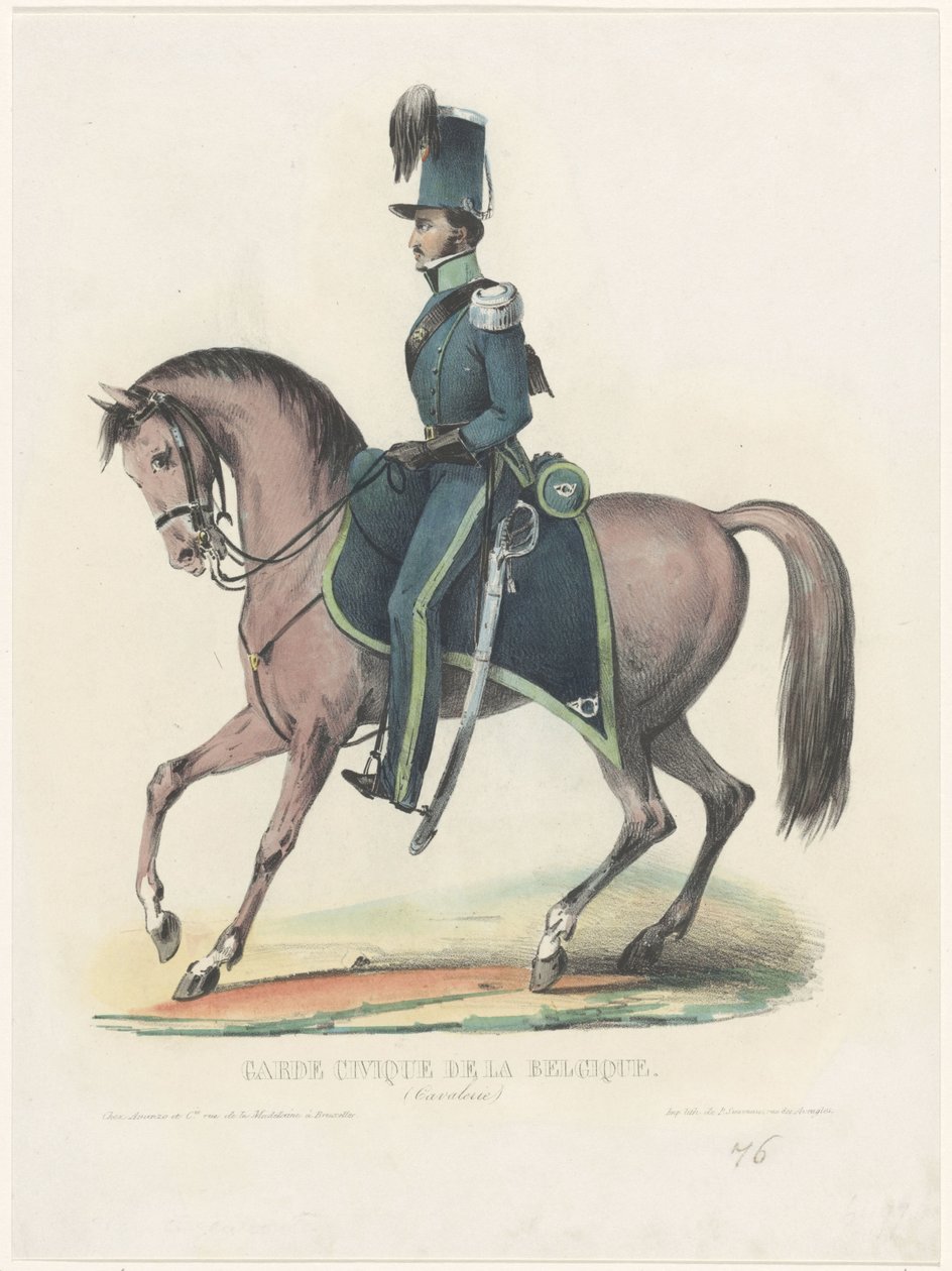 Belgisk vigilante till häst, 1830 Garde Civique de la Belgique (Kavalleri) (titel på objekt) av Anonymous