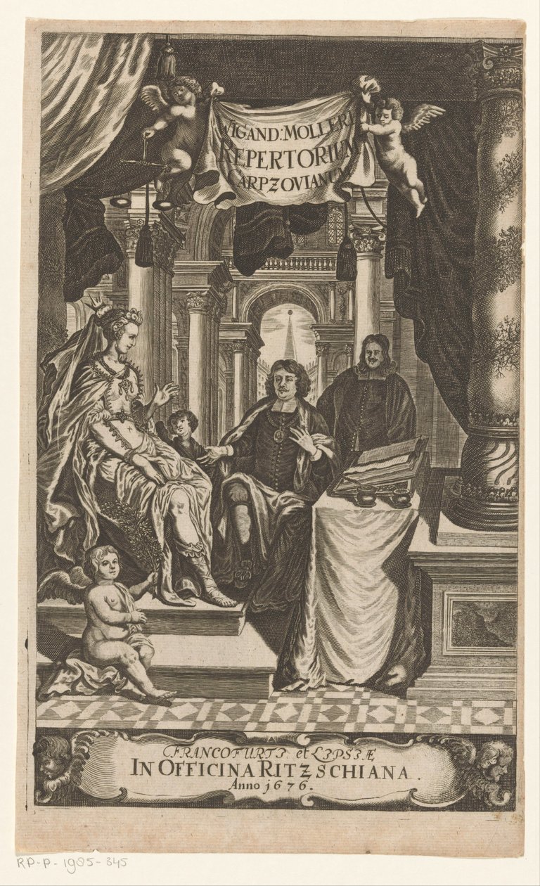 Benedikt Carpzov vid tronende koningin Wigand Mollers karpsoviska repertoar (titel på objekt) Titelsida för: Wigand Möller, Repertorium rerum, verborum, et notablem, 1676 av Anonymous