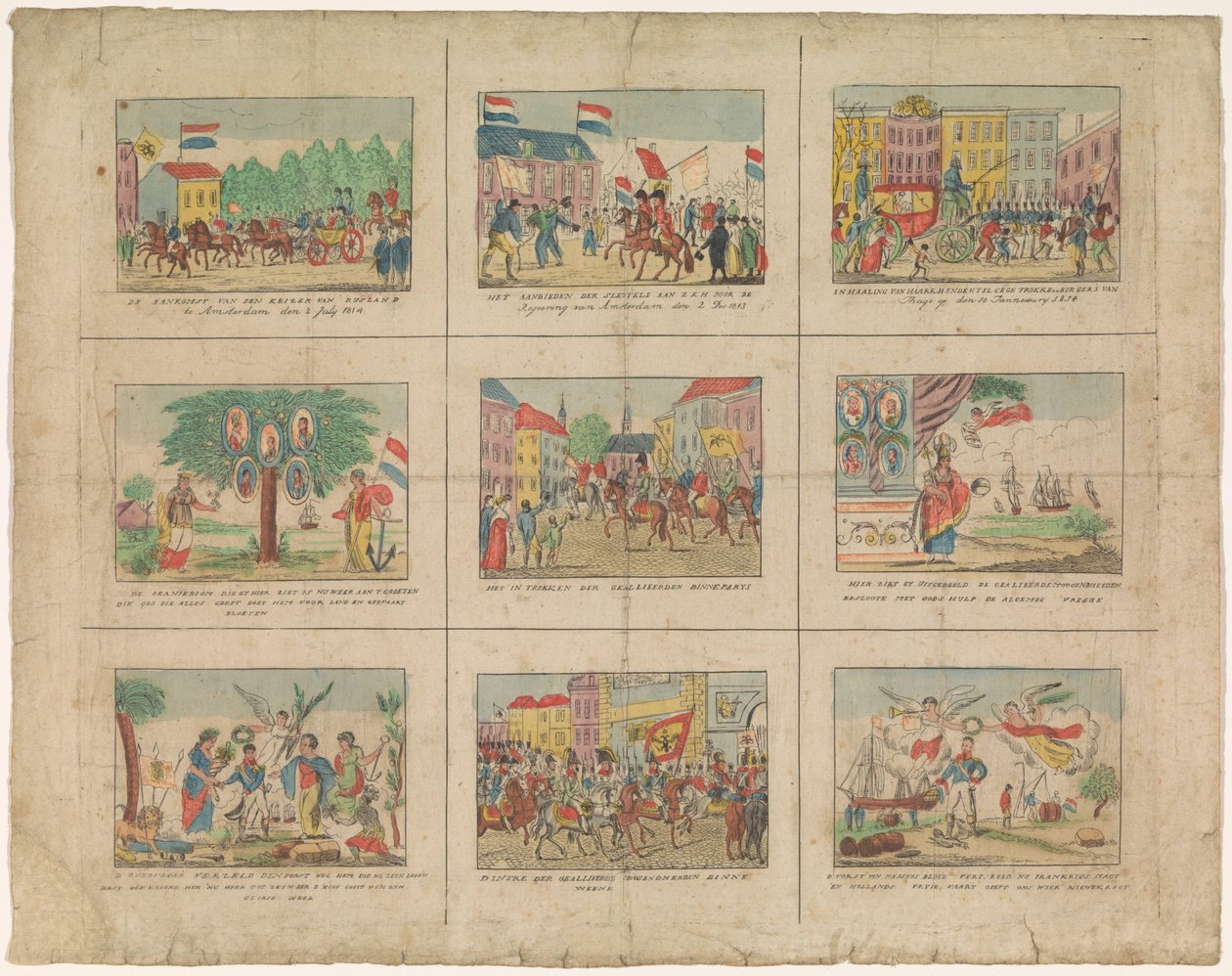 Blad med 9 representationer av historiska händelser under åren 1813-1814 (titel på objekt) av Anonymous