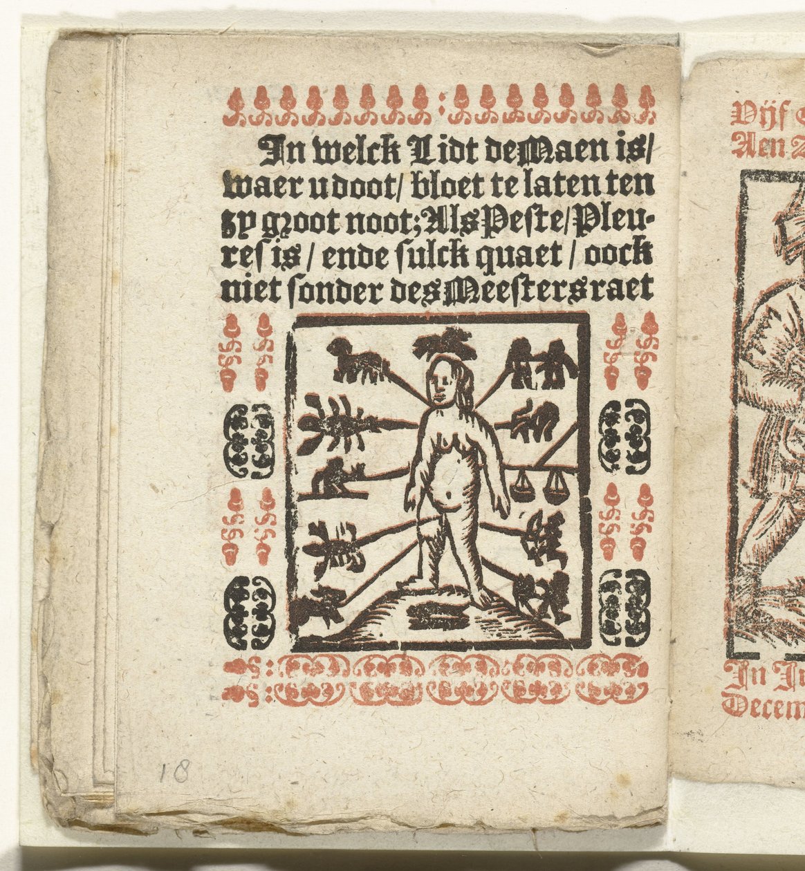 Sida med platser på människokroppen för blodutsläpp, 1712 I vilken Lidt de Maen är / där du dör / lämnar naken om det inte är en stor notering; Als Peste / Pleures is / ende sulck quaet / oock inte sonder des Meestersraet (titel på objekt) av Anonymous