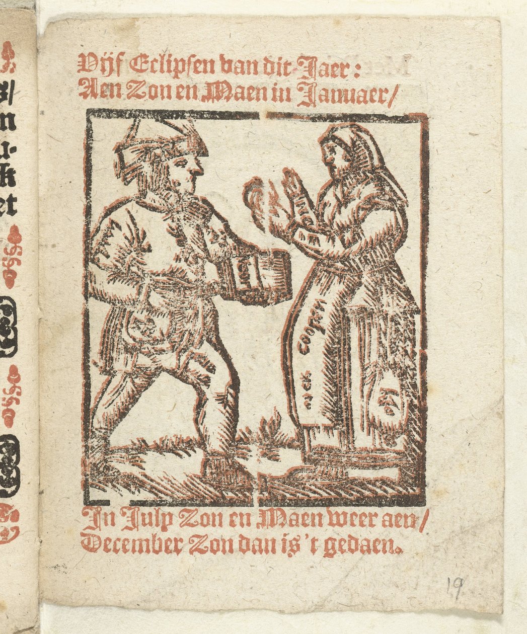 Sida med stående figurer av en handlare och en kvinna, 1712 I vilken Lidt de Maen är / där du dör / lämnar naken om det inte är en stor notering; Als Peste / Pleures is / ende sulck quaet / oock inte sonder des Meestersraet (titel på objekt) av Anonymous