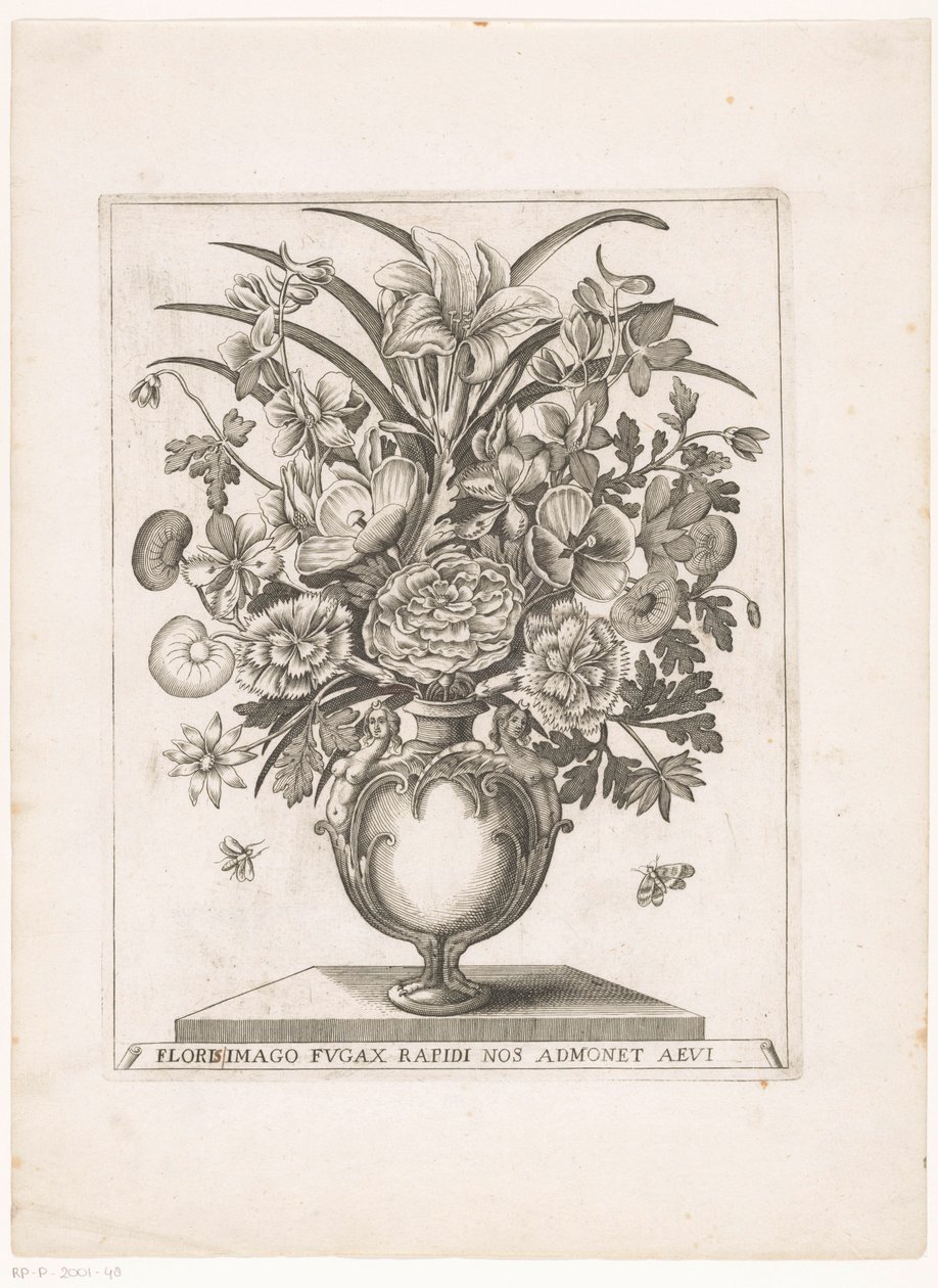Bloemen in vaas met halffiguren BILDEN AV BLOMMA(R) SOM BLINKAR SNABBT PÅMINNER OSS OM ÅLDERN (titel på objekt) av Anonymous