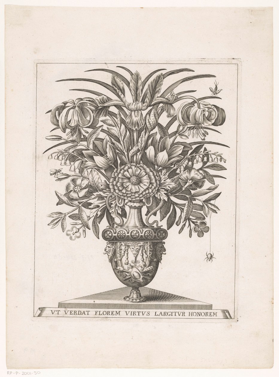 Bloemen in vaas mötte leeuwenkoppen (titel på objekt) av Anonymous