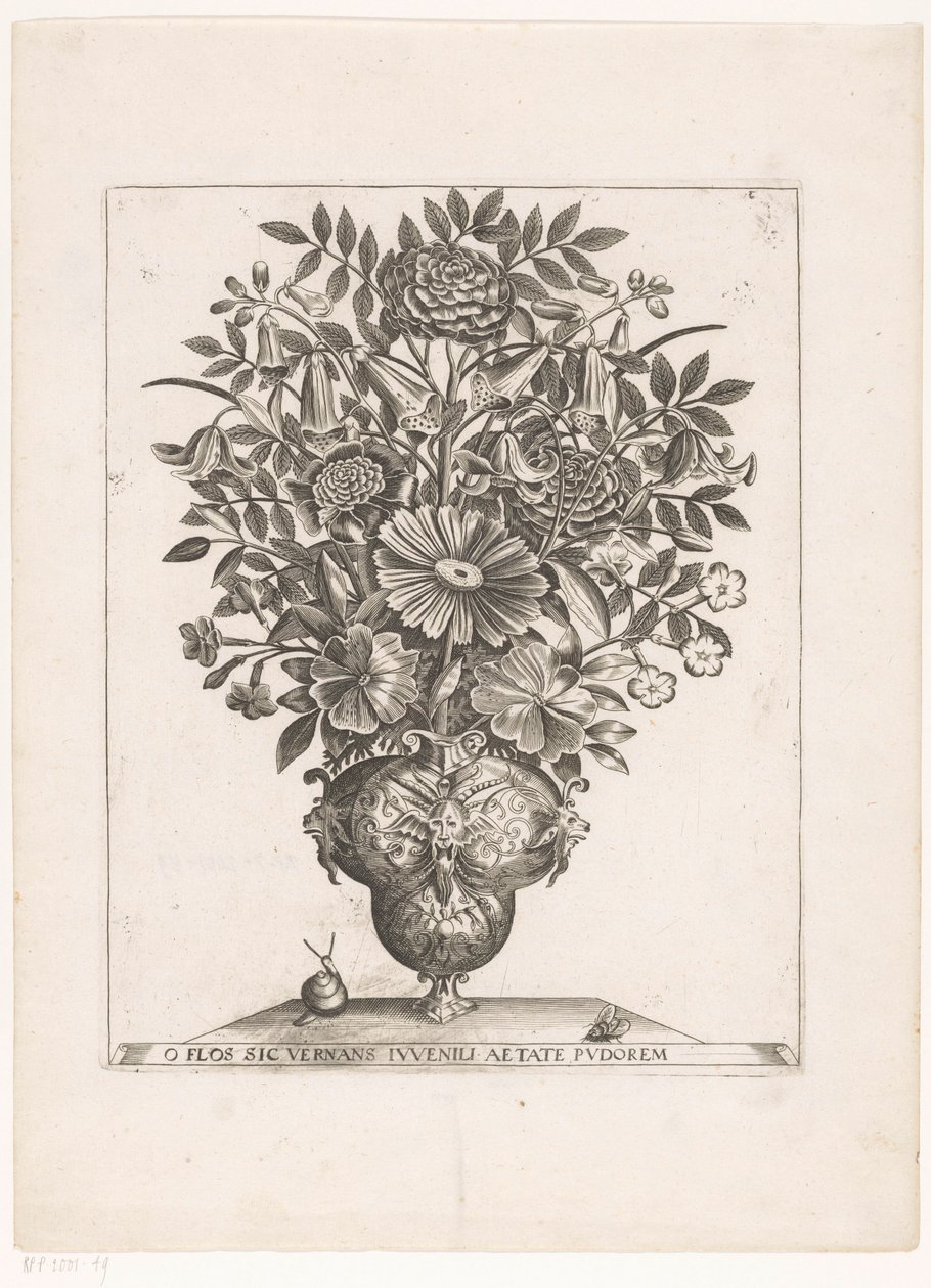 Bloemen in vaas träffade maskerare O BLOMMA SOM SJÄDER UNGDOM I SKAMENS ÅLDER (titel på objekt) av Anonymous