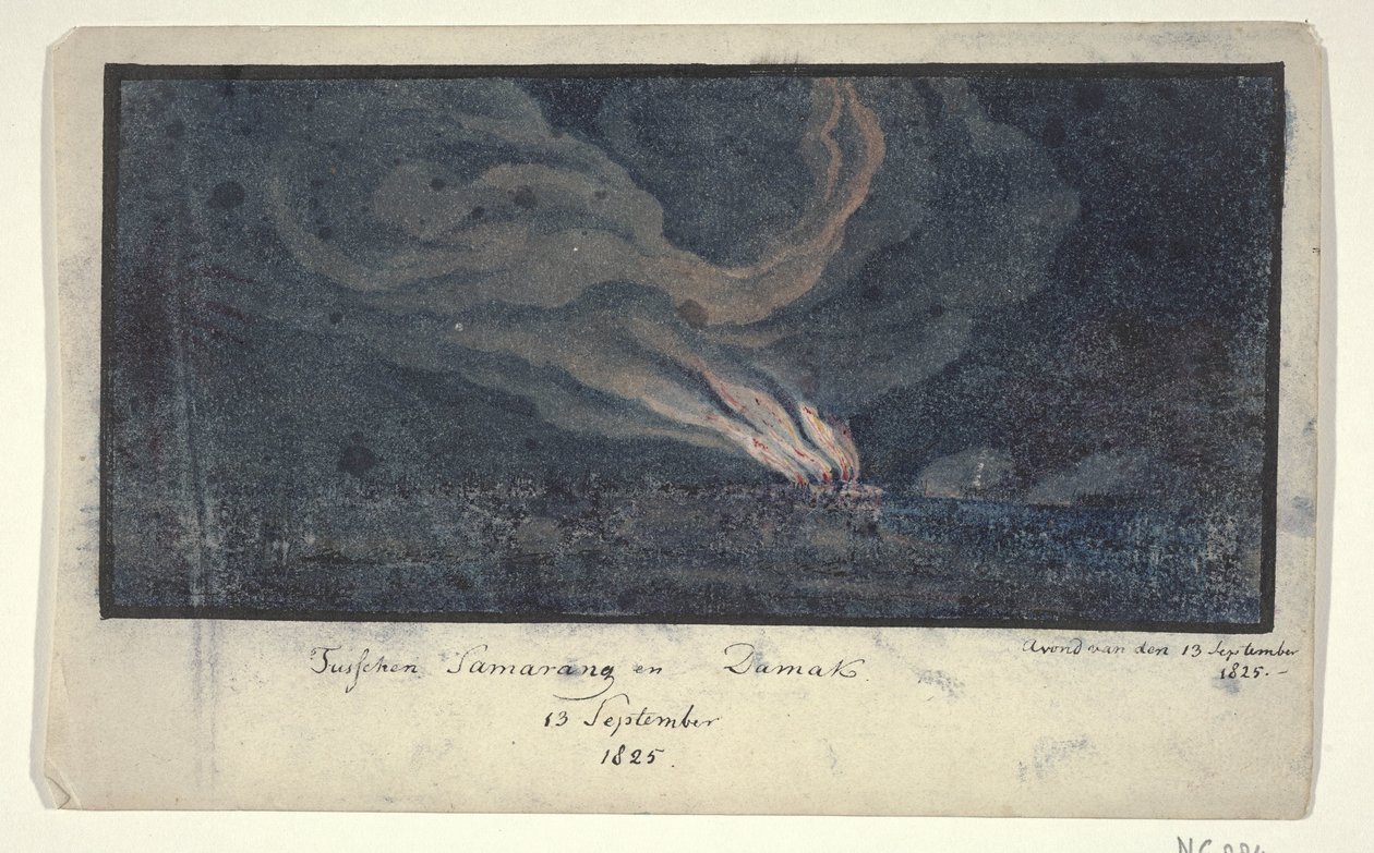 Brand i ett landskap i centrala Java, 1825 Mellan Samarang och Damak / 13 september 1825 (titel på objekt) av Anonymous