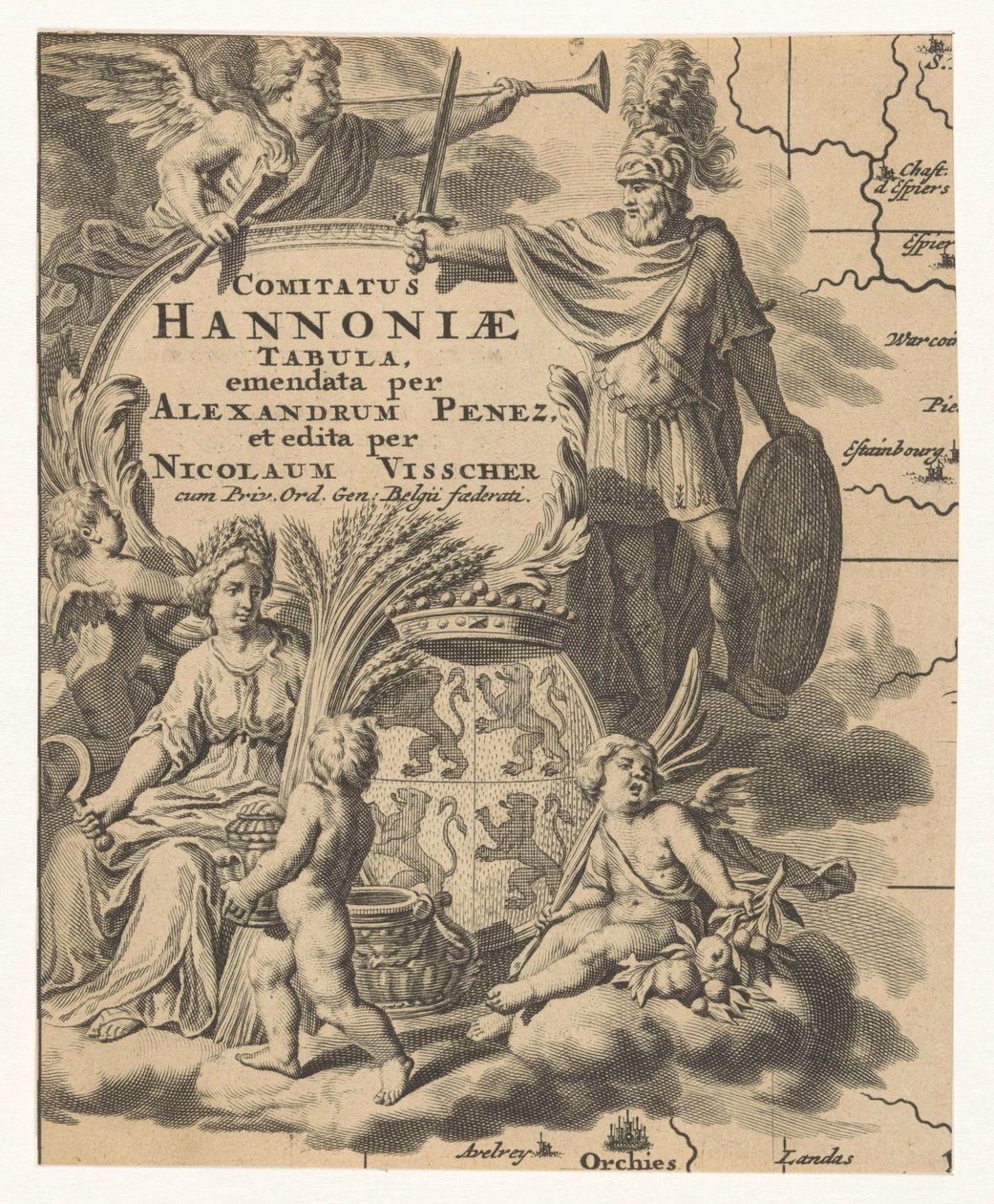 Ceres, putti en wapen Henegouwen Hannonia länskarta (titel på objekt) av Anonymous