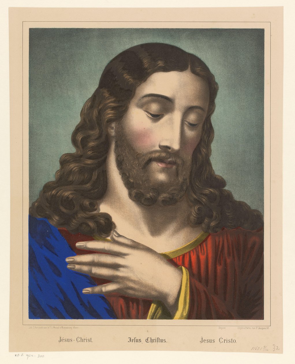 Kristus med handen över bröstet Jesus Kristus / Jesus Kristus / Jesus Cristo (titel på objekt) av Anonymous