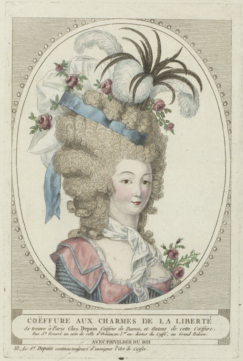 Frisyrer, sittpuffar, hattar och huvar: två frisyrer av frisören Depain Frisyrer från Depain, ca. 1790: Coëffure med frihetens charm av Anonymous