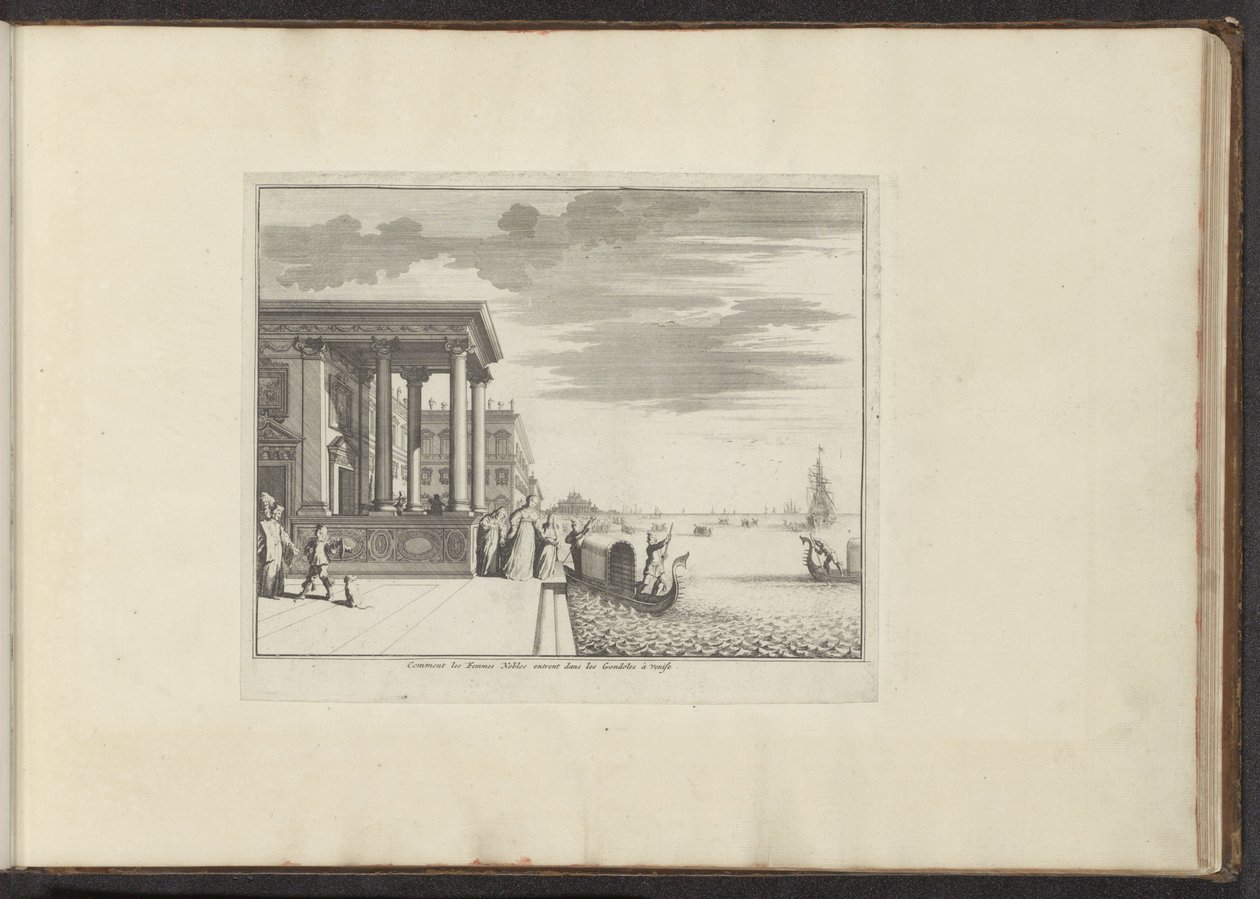Damer av adeln väntar på en gondol i Venedig Kommentar les Femmes Nobles entrent dans les Gondoles à Venise (titel på objekt) Palats och monument i Venedig, Livorno, Neapel och Rom (serietitel) av Anonymous