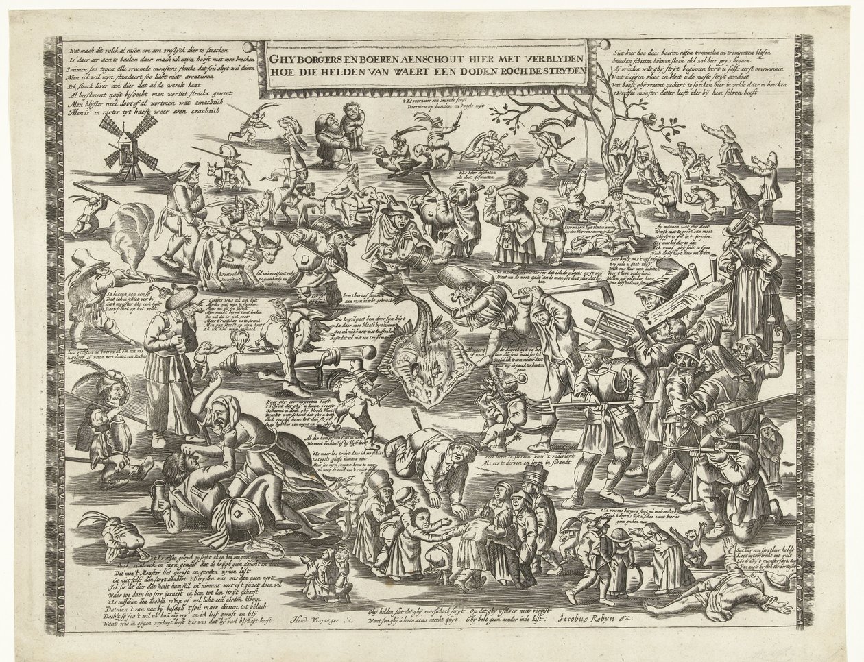 The Rye Stekers of Weert, ca 1650 Ghy borgers och bönder aenschout här med glädje över hur dessa hjältar från Waert slåss en död roch (titel på objekt) av Anonymous