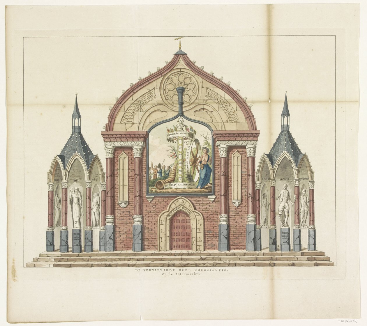 The Destruction of the Old Constitution, dekoration på smörmarknaden, 1795 Den förstörda gamla konstitutionen, på smörmarknaden Femton dekorationer vid Alliantiefeest i Amsterdam 1795 (serietitel) av Anonymous
