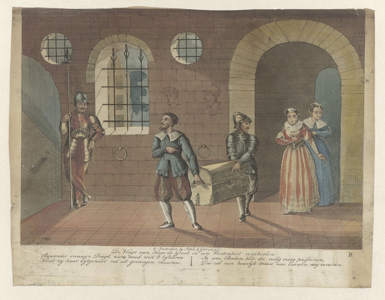 Bokskrin som Hugo de Groot är gömd i bärs till roddbåten i slottet Loevestein, 1621 Hugo de Groots De Vlugt gömmer sig i en bokhylla (titel på objekt) av Anonymous