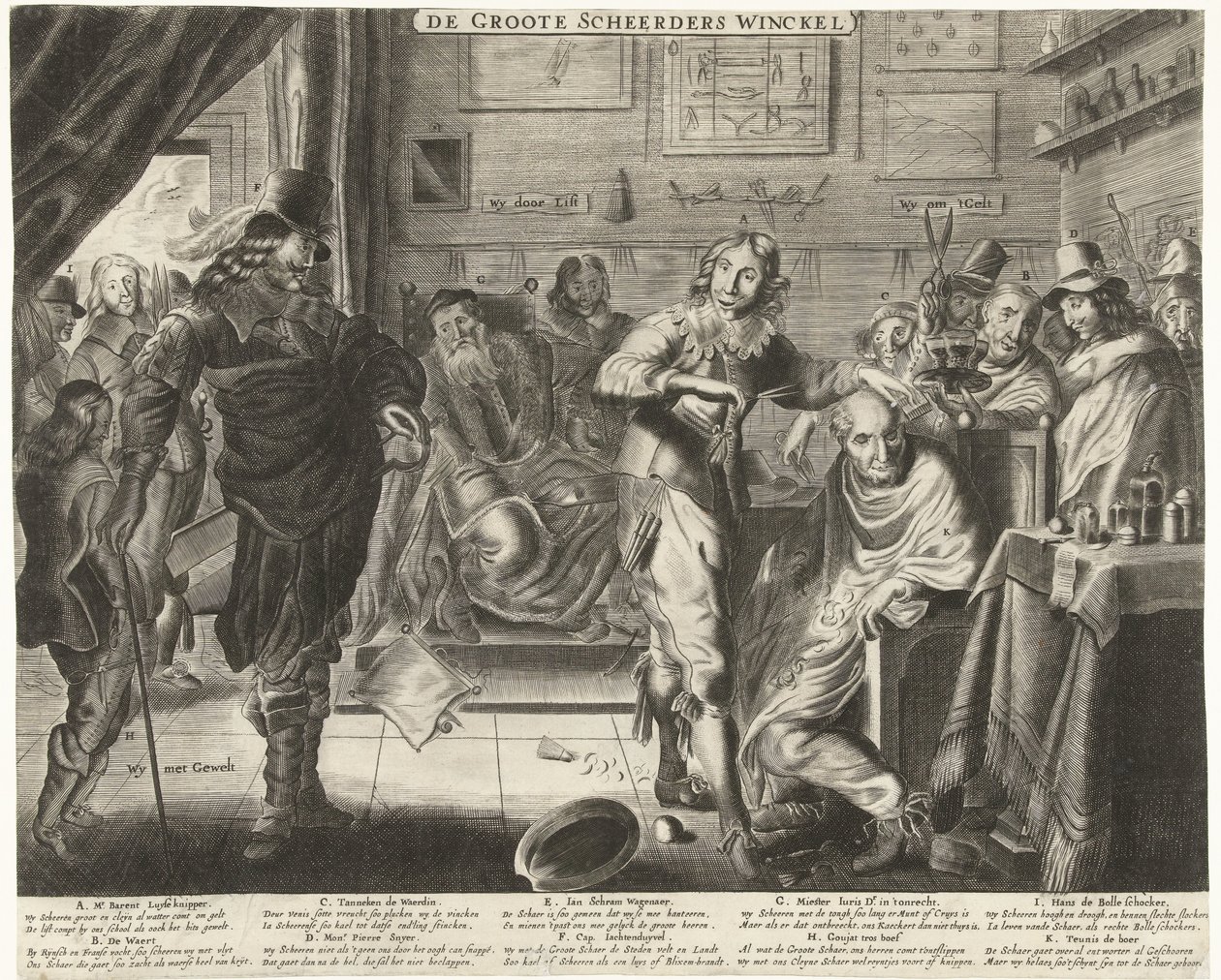 Bonden i den stora frisörsalongen, ca 1650 De Groote Scheerders Winckel (titel på objekt) av Anonymous