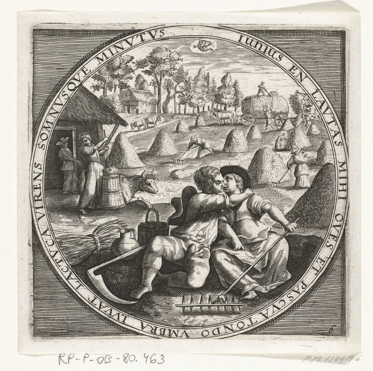 Månaden juni, hooimaken, ca. 1600 De tolv månaderna av året bild i scener från folklivet (serietitel) Schema för de 12 månaderna med deras operationer och deras tillämpning på zodiakens tecken, uppdelade i fyra delar av året (serietitel på objekt) av Anonymous