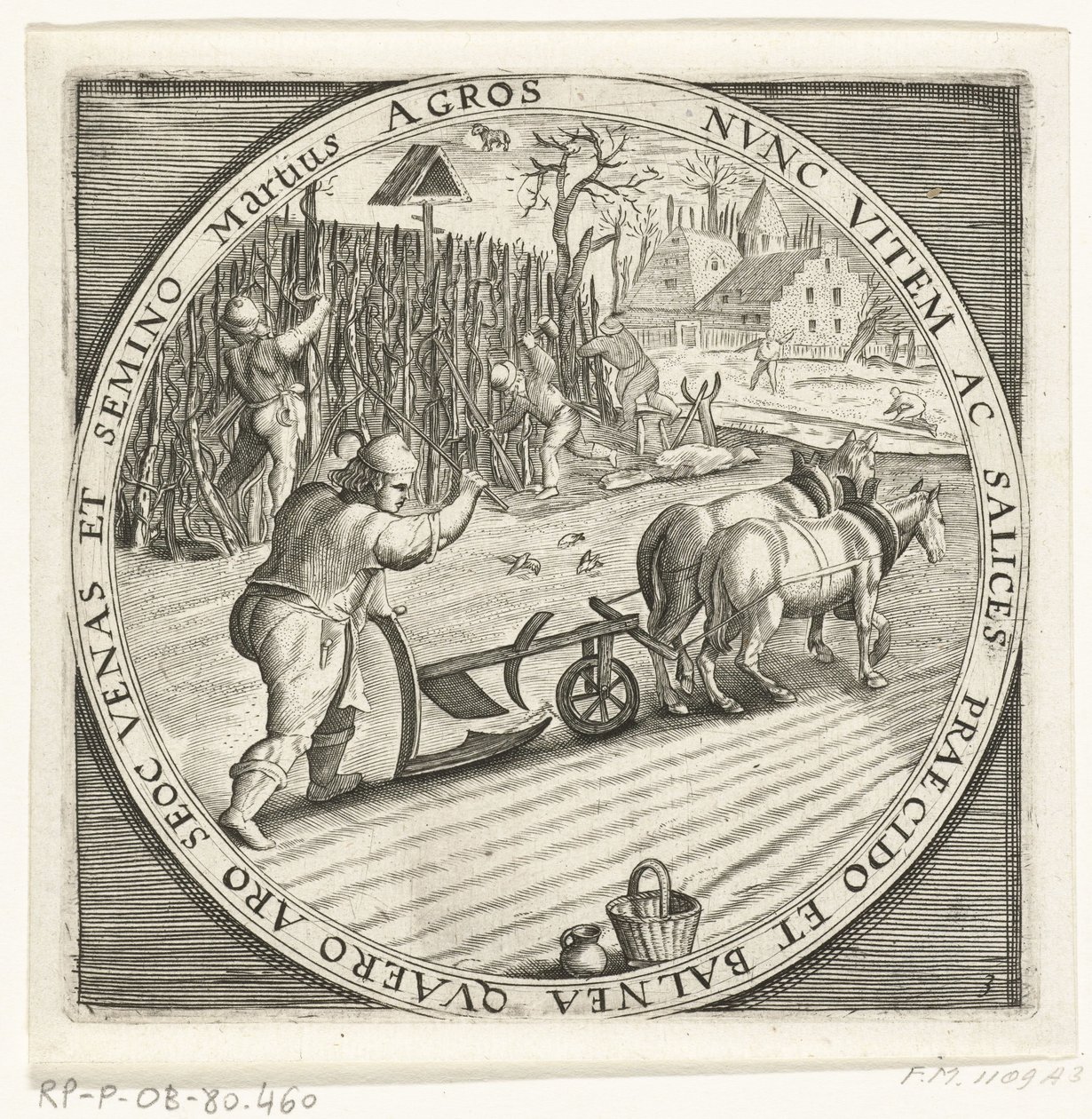 Månaden mars, ploegen, ca. 1600 De tolv månaderna av året bild i scener från folklivet (serietitel) Schema för 12 månaderna med deras verksamhet och deras tillämpning på zodiakens tecken, uppdelade i fyra delar av året (serietitel på objekt) av Anonymous