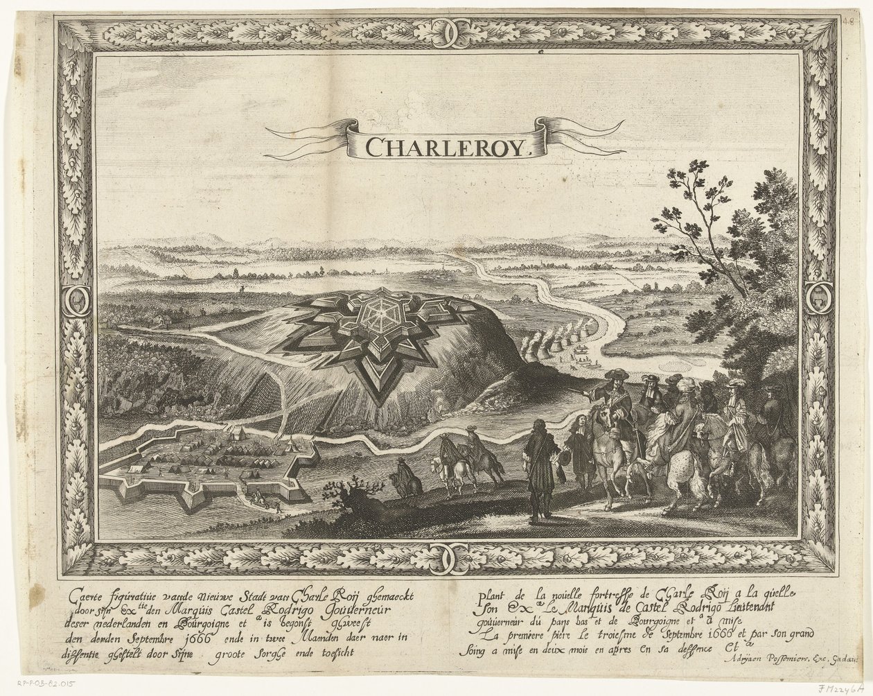 Den nya fästningen Charleroi, 1666 Caerte figurativ av den nya staden av Charle Roij (...) (titel på objekt) Plant de la nouelle fortresse de Charle Roij (...) (titel på objektet) av Anonymous
