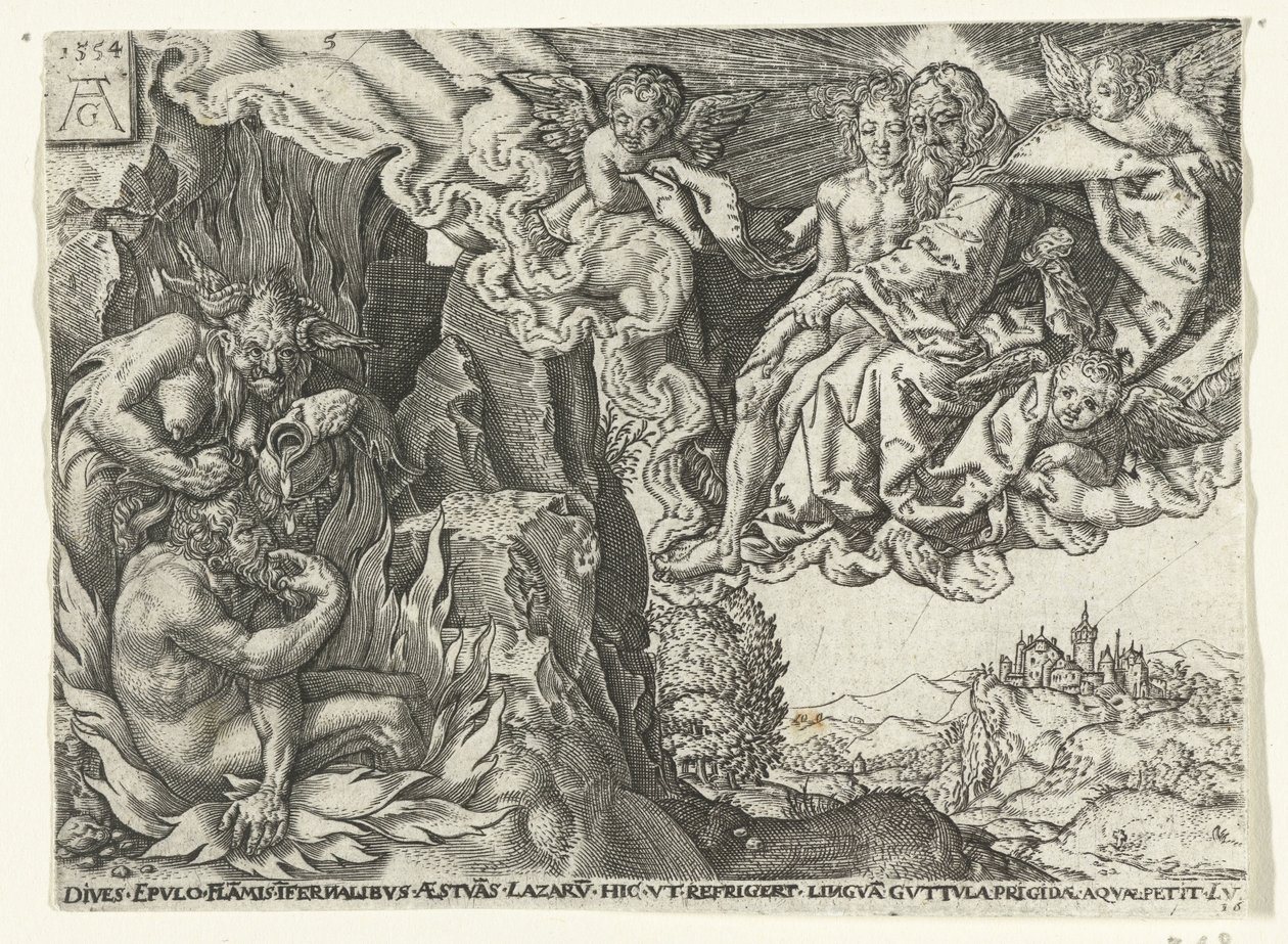 Den rike mannen i helvetet ser Abraham med Lasarus Liknelsen om Lasarus och den rike mannen (serietitel) av Anonymous