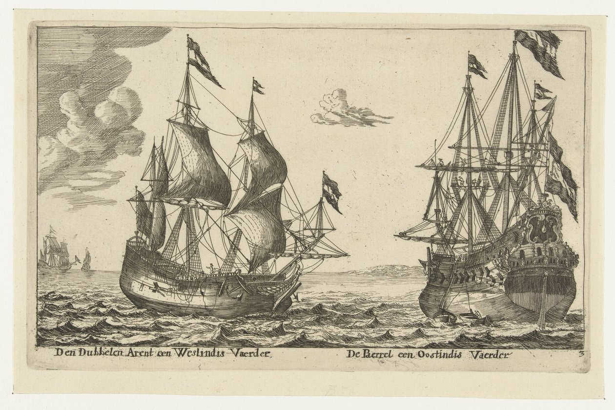 Skeppen The Pearl och The Double Eagle Den Dubbelen Arent a Westindis Vaerder, De Paerrel a Oostindis Vaerder (titel på objekt) av Anonymous