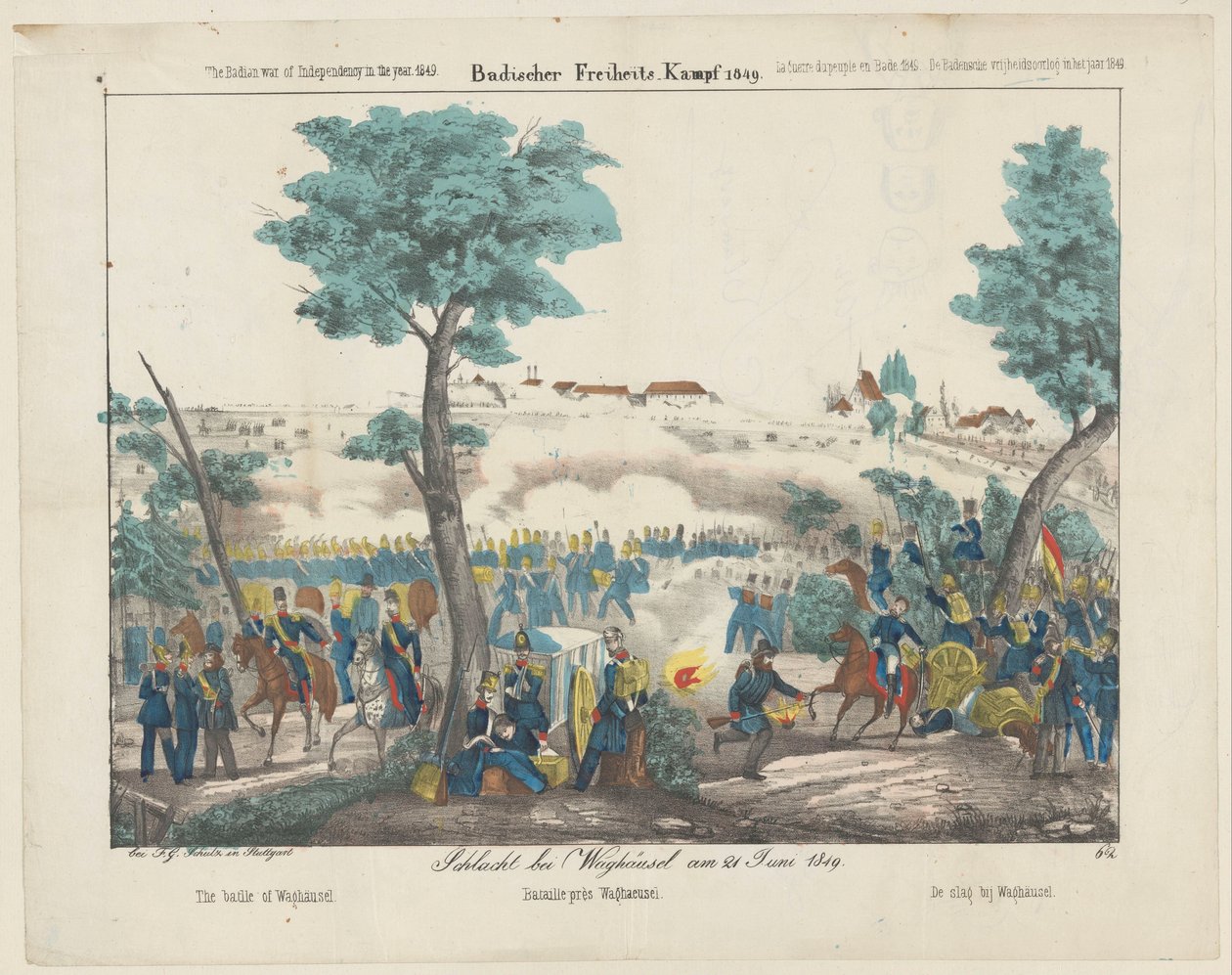 Slaget vid Waghäusel, 1849 Schlacht bei Waghäusel am 21 juni 1849 / Slaget vid Waghäusel / Bataille près Waghäusel / Slaget vid Waghäusel (titel på objektet) Badischer Freiheits-Kampf 1849 (...) Befrielsekriget i Baden år 1849 (serie ti av Anonymous