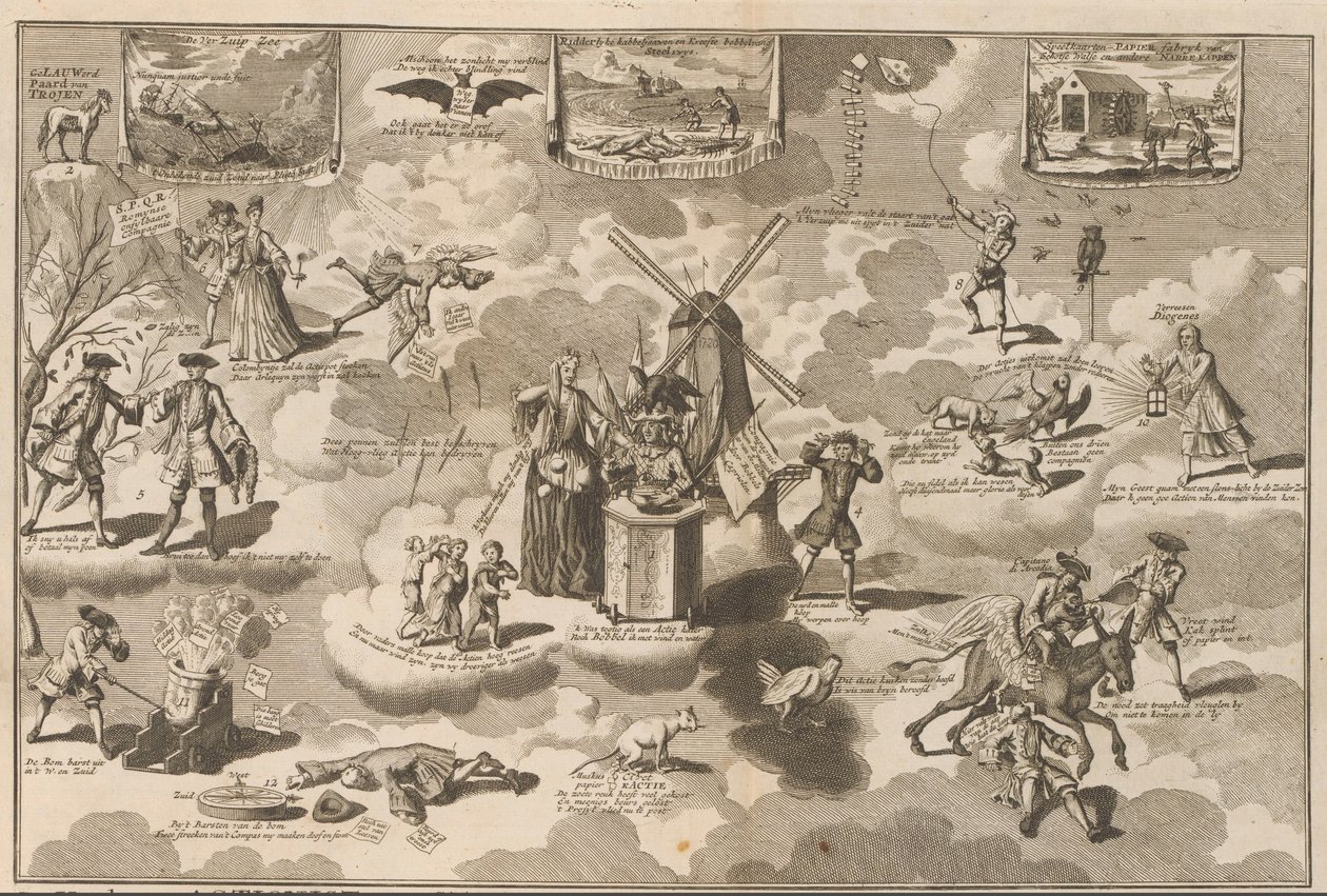 Den besegrade actionisten i ringstolen, 1720 Den besegrade actionisten i stolen med Rinkels, övertalad av den Lauwerd-trojanska hästen (titel på objekt) The Great Scene of Folly (serietitel) av Anonymous