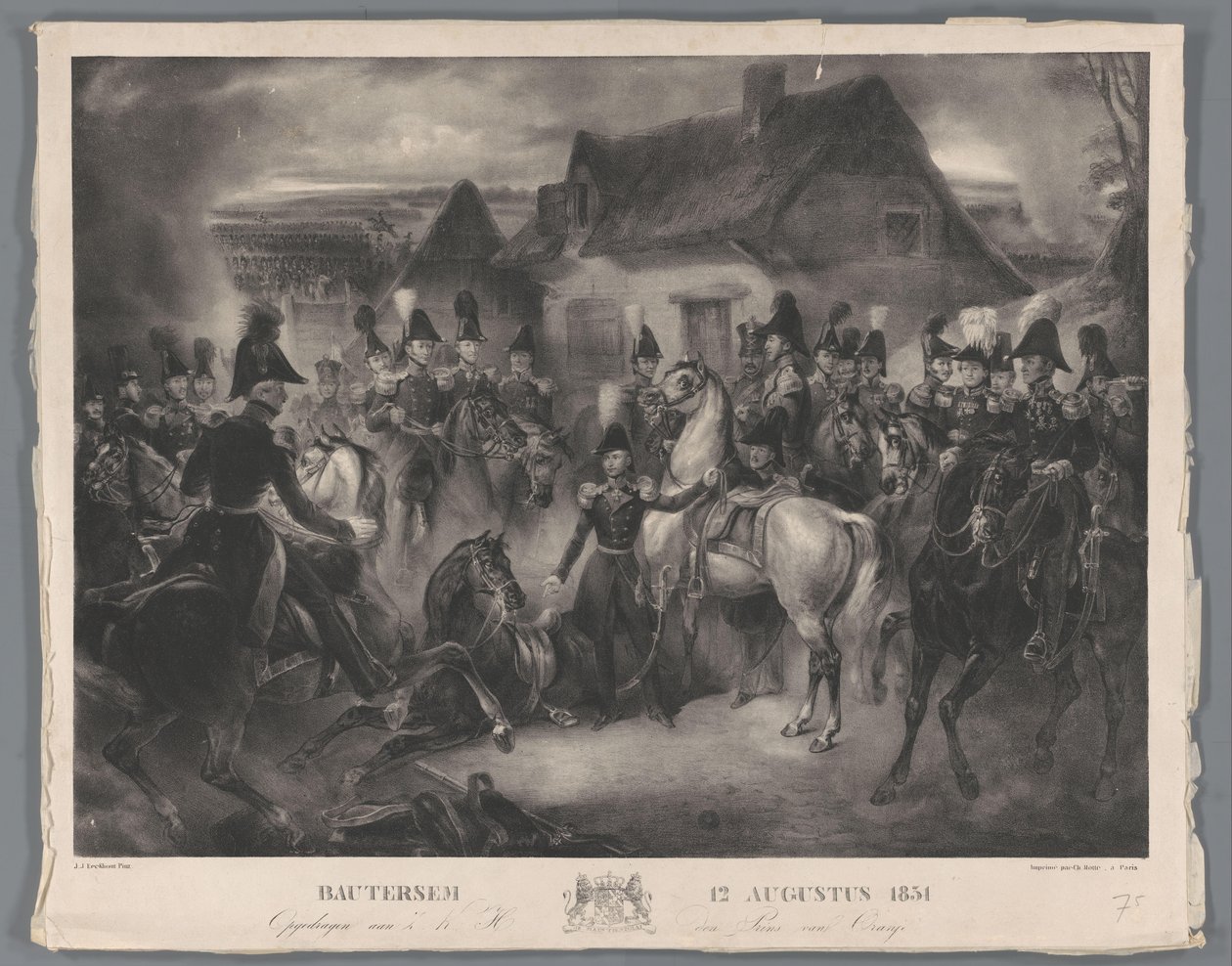 Ersättningen av den skadade hästen av prinsen av Orange (senare kung Willem II), under slaget vid Boutersem, 12 augusti 1831 Bautersem 12 augusti 1831 (titel på objekt) av Anonymous