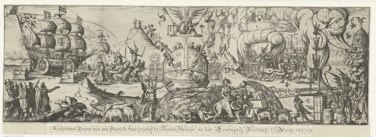 Världen delas i den fredliga republiken å ena sidan och kaos och våld utövat av Romskyrkan å andra sidan Maktlös Donder van den Helschen-hund mot den nakna sanningen och Eendragtig-förbundet, 1617 (titel på objekt) av Anonymous
