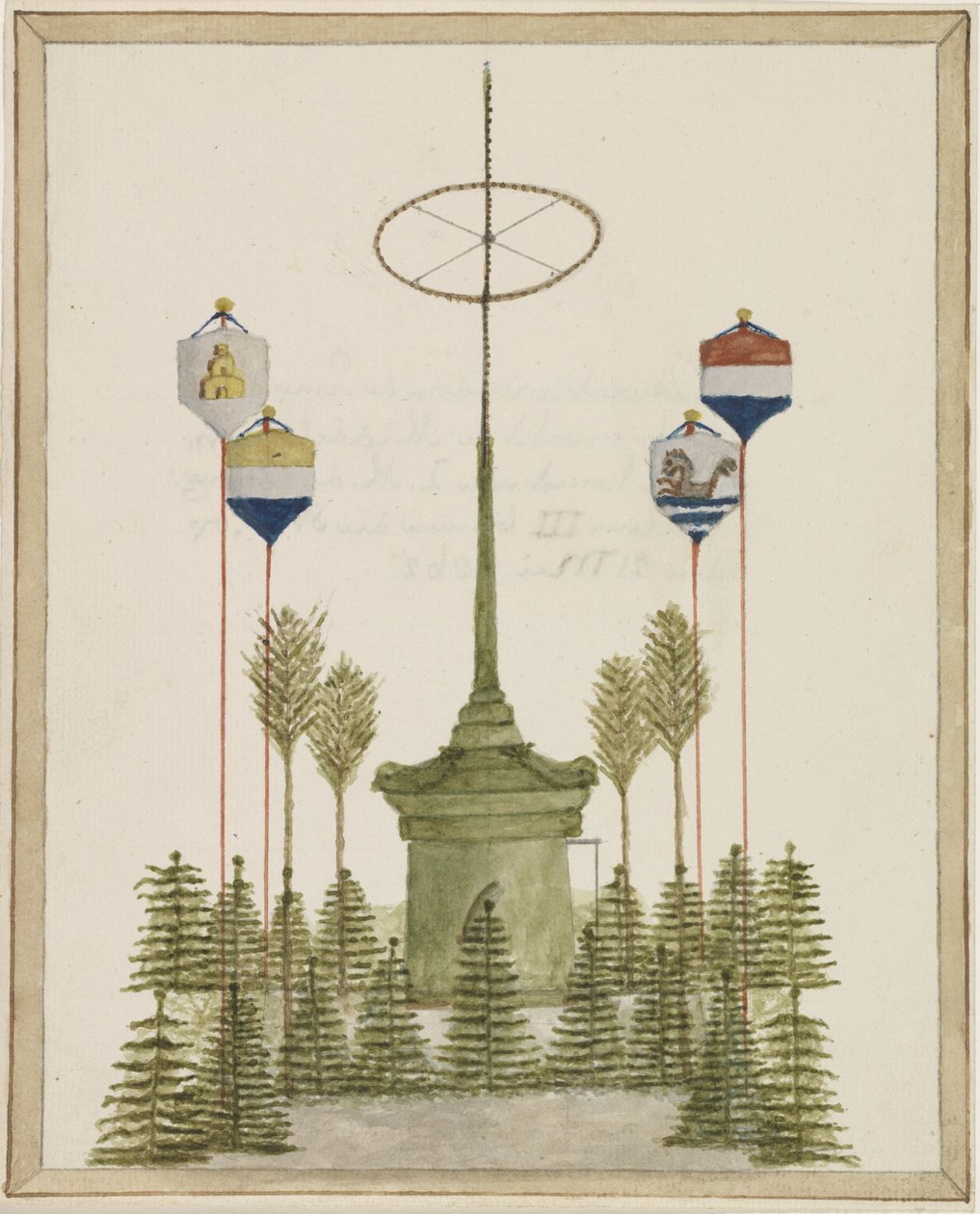 Dekoration runt Pompen på Grote Markt i Middelburg, vid ankomsten av Hans Majestät Kung Willem III till den staden, den 21 maj 1862 (titel på objektet) av Anonymous