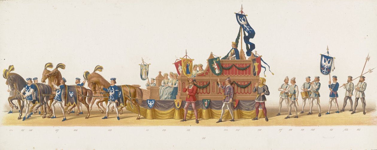 Delft procession 1873 (åttonde plattan) Klädd procession som hölls av medlemmarna i Delfts studentkår den 8 juli 1873, föreställande Karel van Egmond, hertig av Gelre, greve av Zutphen, in i Arnhem 1492 (serie av Anonymous