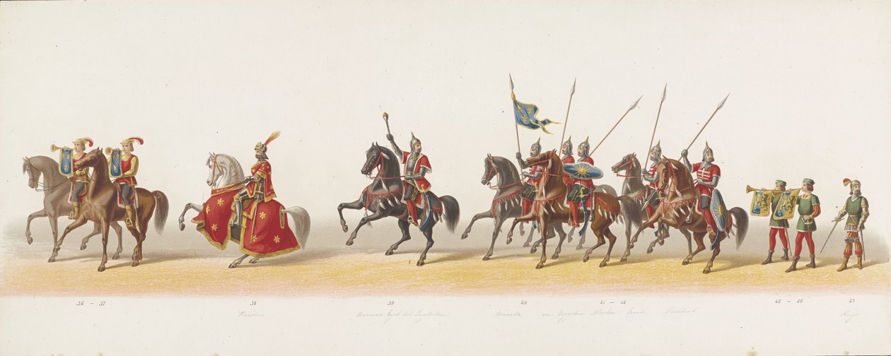 Delfts parad 1873 (tredje plattan) Klädd procession som hölls av medlemmarna i Delftsche Studentencorps den 8 juli 1873, föreställande: Karel van Egmond, hertig av Geldern, greve av Zutphen, inresa i Arnhem 1492 (serie ti av Anonymous