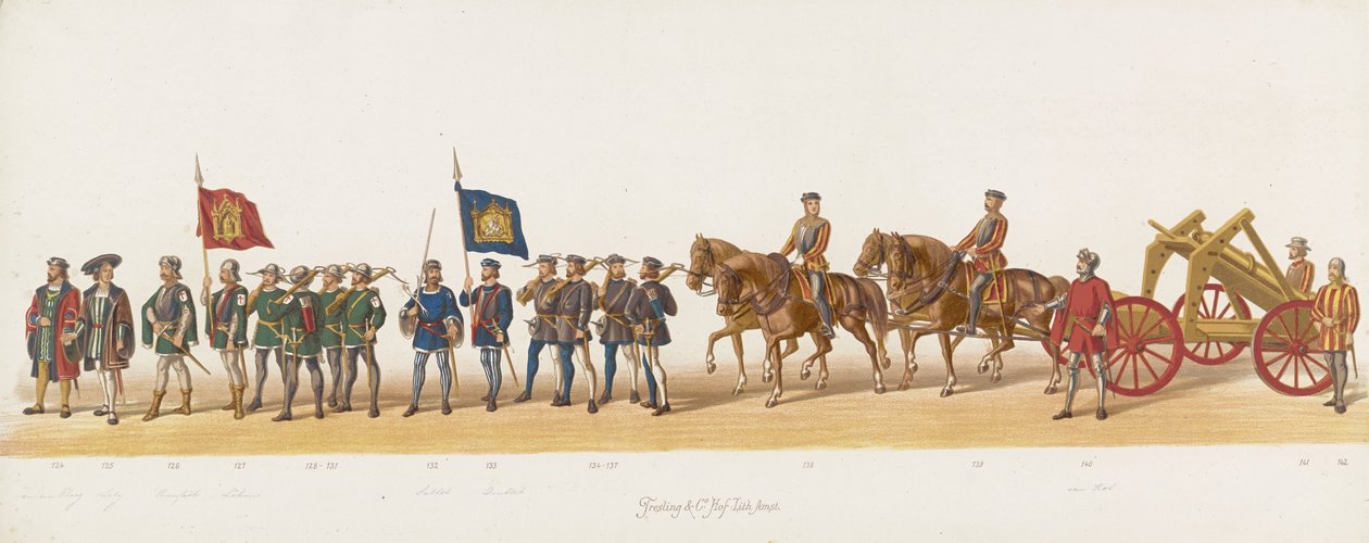 Delft procession 1873 (nionde plattan) Klädd procession som hölls av medlemmarna i Delfts studentkår den 8 juli 1873, föreställande Karel van Egmond, hertig av Gelre, greve av Zutphen, in i Arnhem 1492 (serie av Anonymous