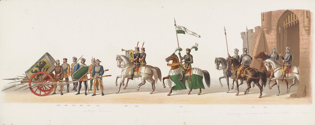 Delft procession 1873 (tionde plattan) Klädd procession som hölls av medlemmarna i Delfts studentkår den 8 juli 1873, föreställande Karel van Egmond, hertig av Gelre, greve av Zutphen, in i Arnhem 1492 (serie t) av Anonymous