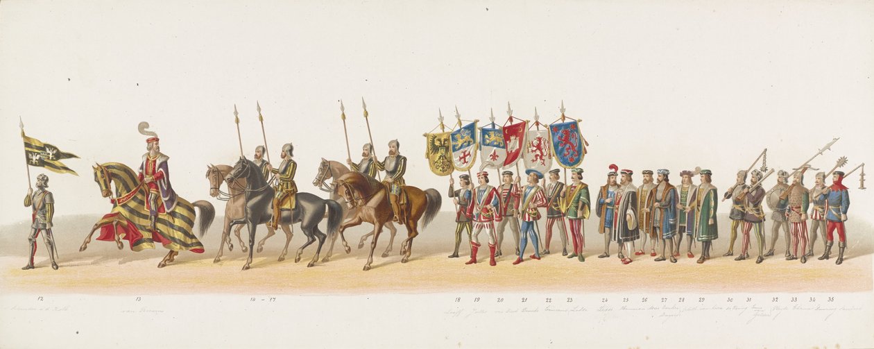 Delft procession 1873 (andra plattan) Klädd procession som hölls av medlemmarna i Delfts studentkår den 8 juli 1873, föreställande Karel van Egmond, hertig av Gelre, greve av Zutphen, in i Arnhem 1492 (serie t) av Anonymous