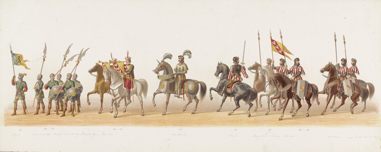 Delfts parad 1873 (fjärde plattan) Klädd procession som hölls av medlemmarna i Delftsche Studentencorps den 8 juli 1873, föreställande: Karel van Egmonds, hertig av Geler, greve av Zutphen, inresa i Arnhem 1492 (serie t) av Anonymous