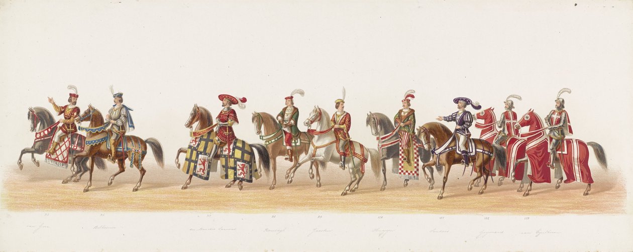 Delfts parad 1873 (sjunde plattan) Klädd procession som hölls av medlemmarna i Delftsche Studentencorps den 8 juli 1873, föreställande: Karel van Egmond, hertig av Geler, greve av Zutphen, inresa i Arnhem 1492 (serie av Anonymous
