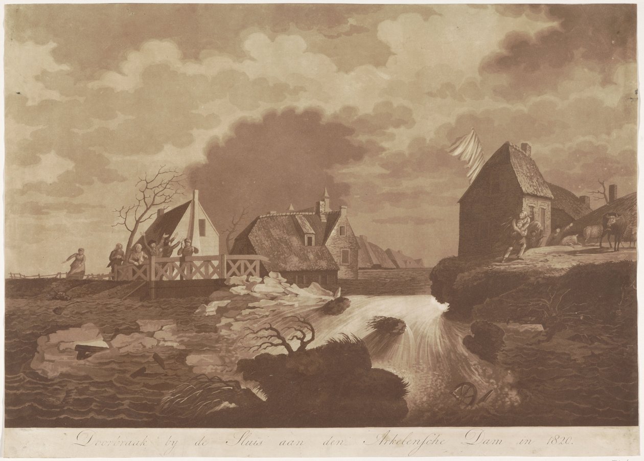 Genombrott av Arkelsedammen nära Gorinchem, 1820 Genombrott vid Sluis aan den Arkelsche Dam 1820 (titel på objekt) av Anonymous