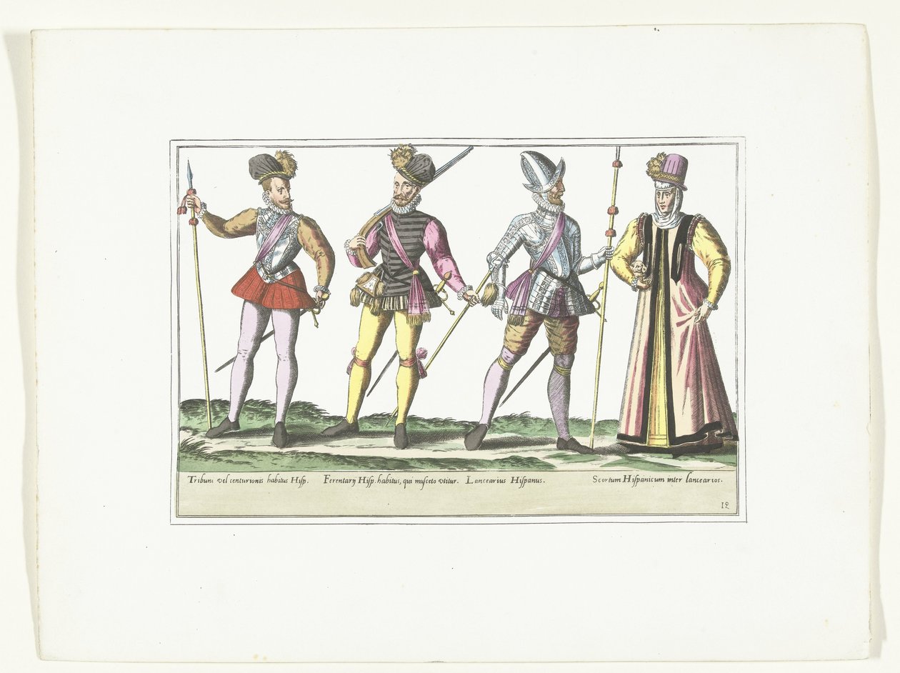 Tre spanska soldater i uniform och en marknadsförare, ca 1580 Dräkter militära Espagnols (titel på objekt) av Anonymous