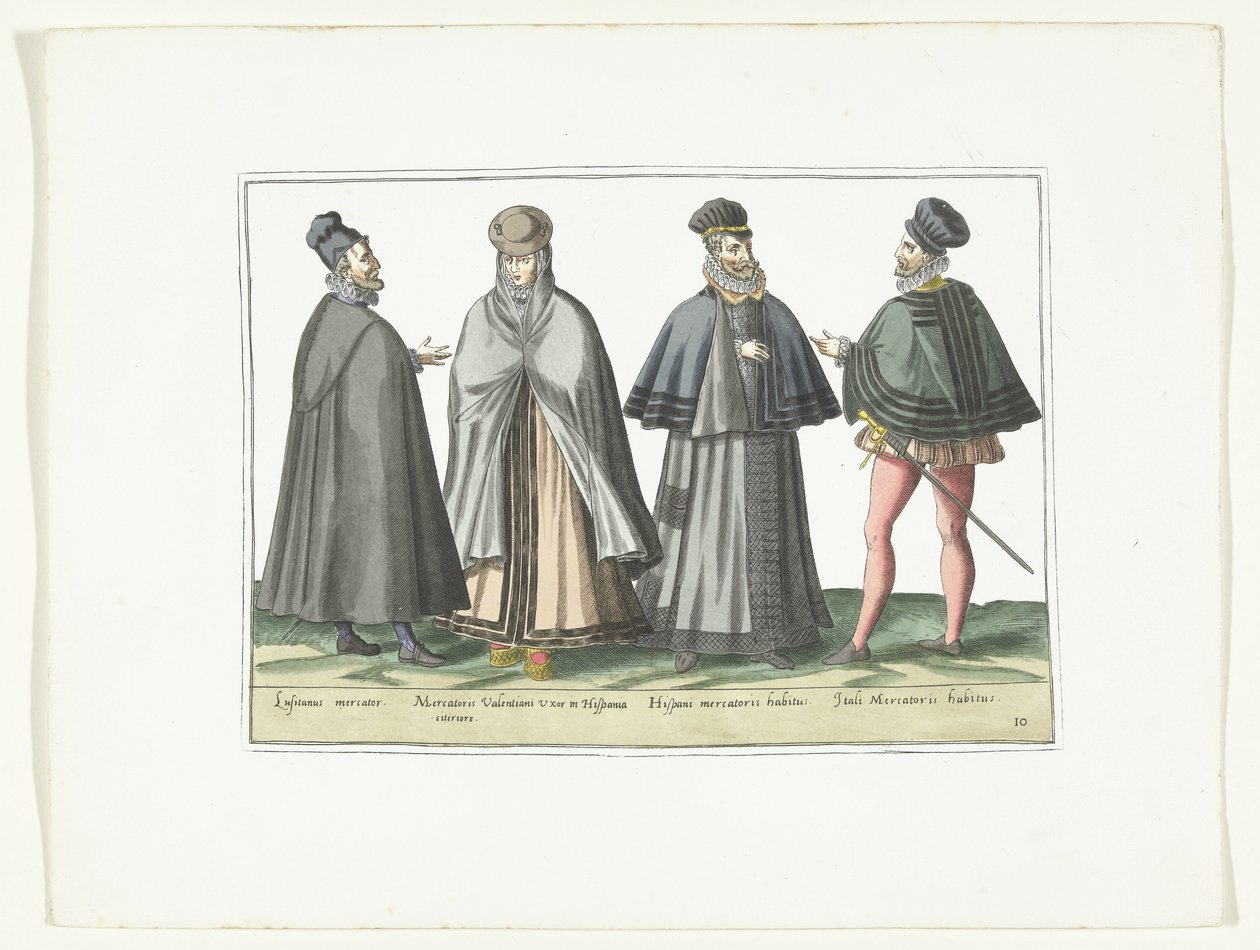 Tre män och en kvinna klädda efter utländskt mode, ca 1580 Modes étrangeres (titel på objekt) av Anonymous