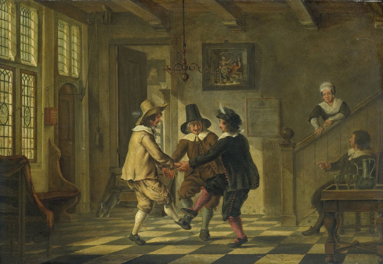Tre män i 1600-talskostym dansar på en veranda av Anonymous