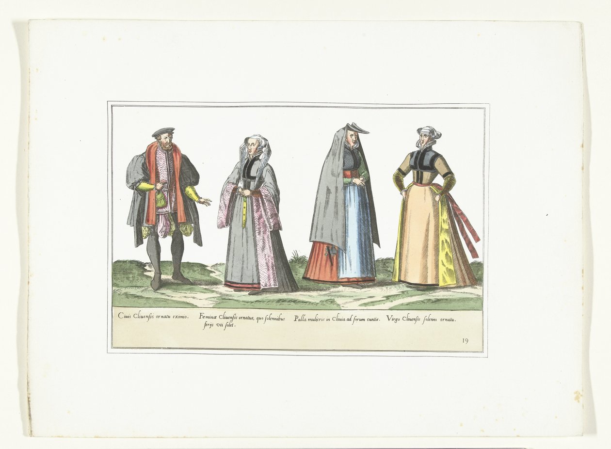 Tre kvinnor och en man klädd i tyskt mode, ca 1580 Kostymer Allemands (titel på objekt) av Anonymous