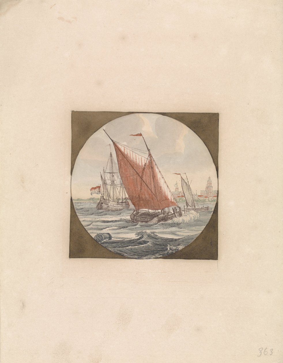 Tre segelfartyg till havs och en stad vid kusten Ships at Sea (serie B) (serietitel) av Anonymous