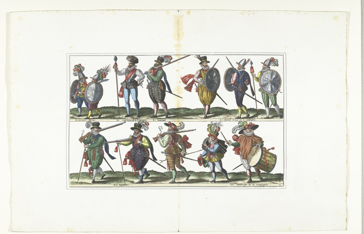 Dubbelplåt med tolv beväpnade civila i uniform enligt mode i Antwerpen, ca 1580 Bourgeois d