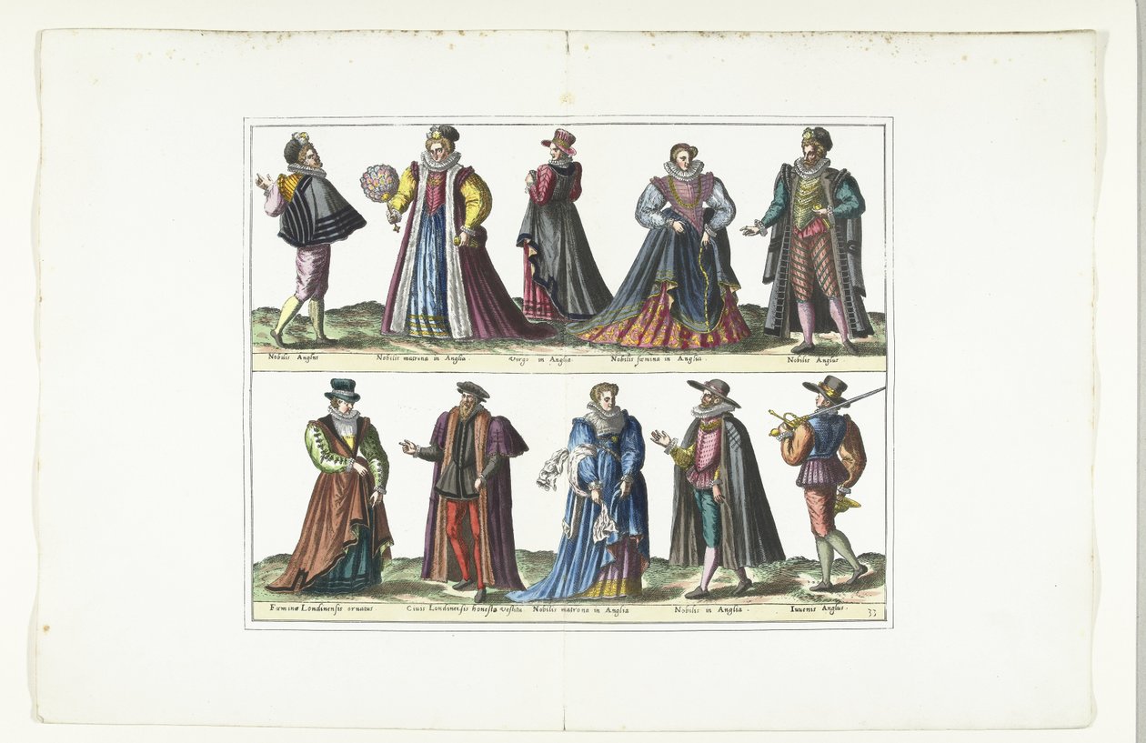 Dubbeltallrik med fem män och fem kvinnor klädda i engelskt mode, ca 1580 Kostymer Anglais (titel på objekt) av Anonymous