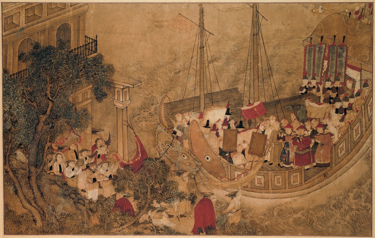Ett kinesiskt skepp lägger till vid en europeisk byggnad The Wonders of Mazu (serietitel) av Anonymous