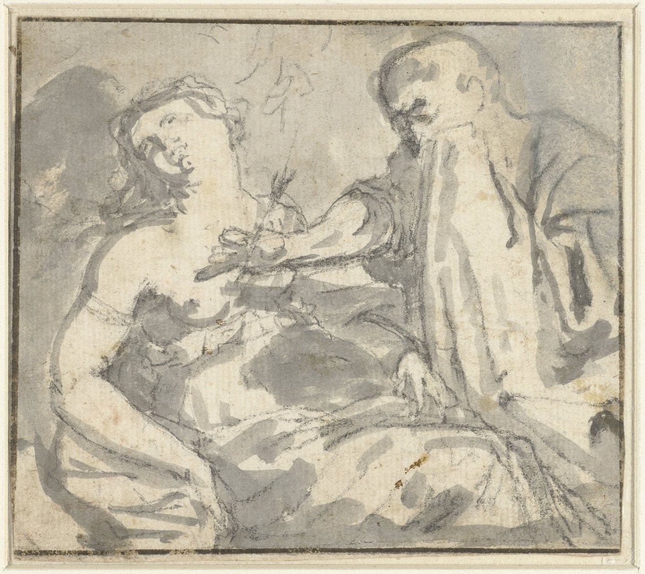 En man tar bort en pil från en kvinnas bröst (Cephalus och Procris?) av Anonymous