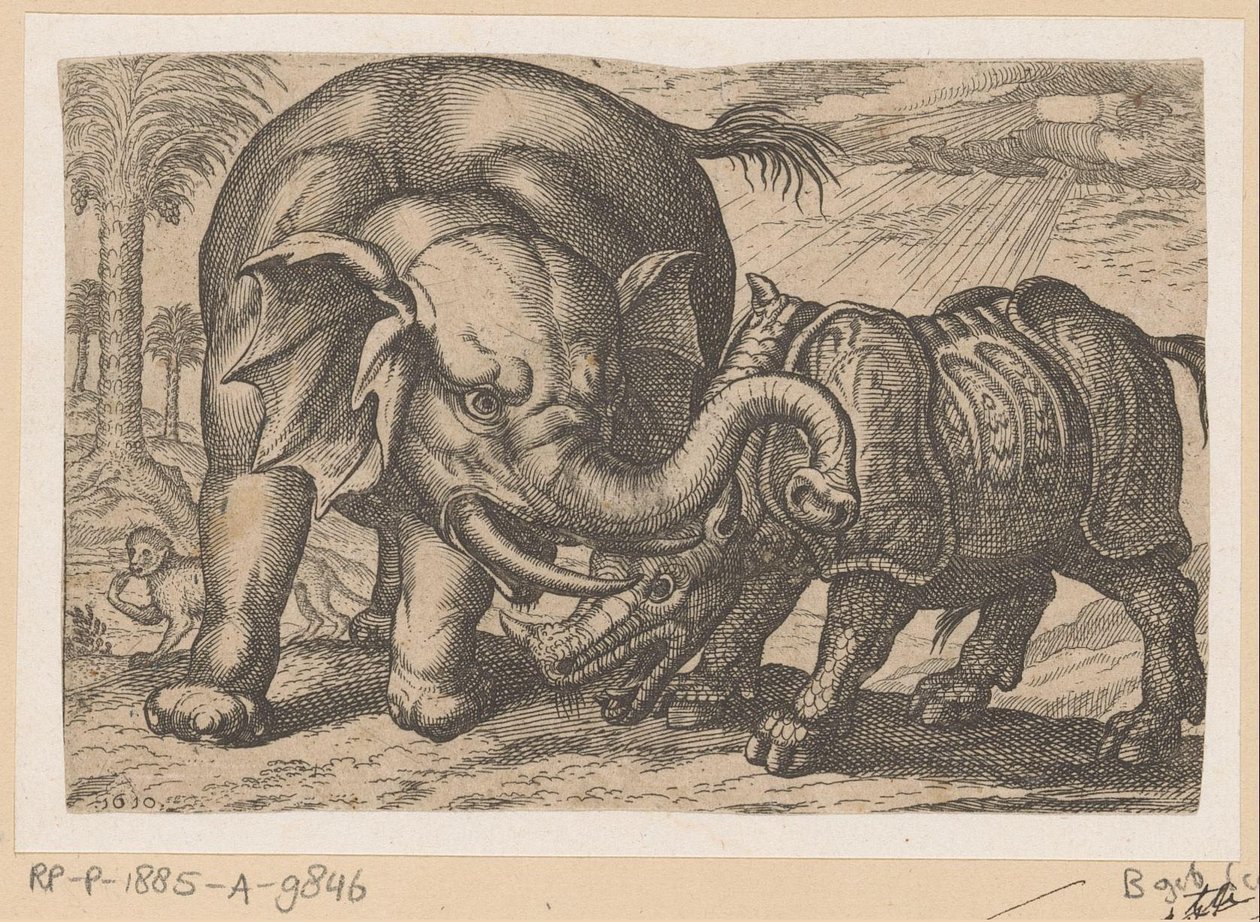 En noshörning slåss mot en elefant Fighting Animals (kopior) (serietitel) av Anonymous
