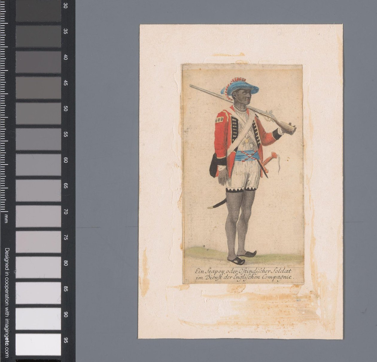 En svart soldat i tjänst hos det brittiska ostindiska kompaniet Ein Seapoy, oder Ostindischer Soldat im Dienst der Englischen Compagnie (titel på objekt) av Anonymous