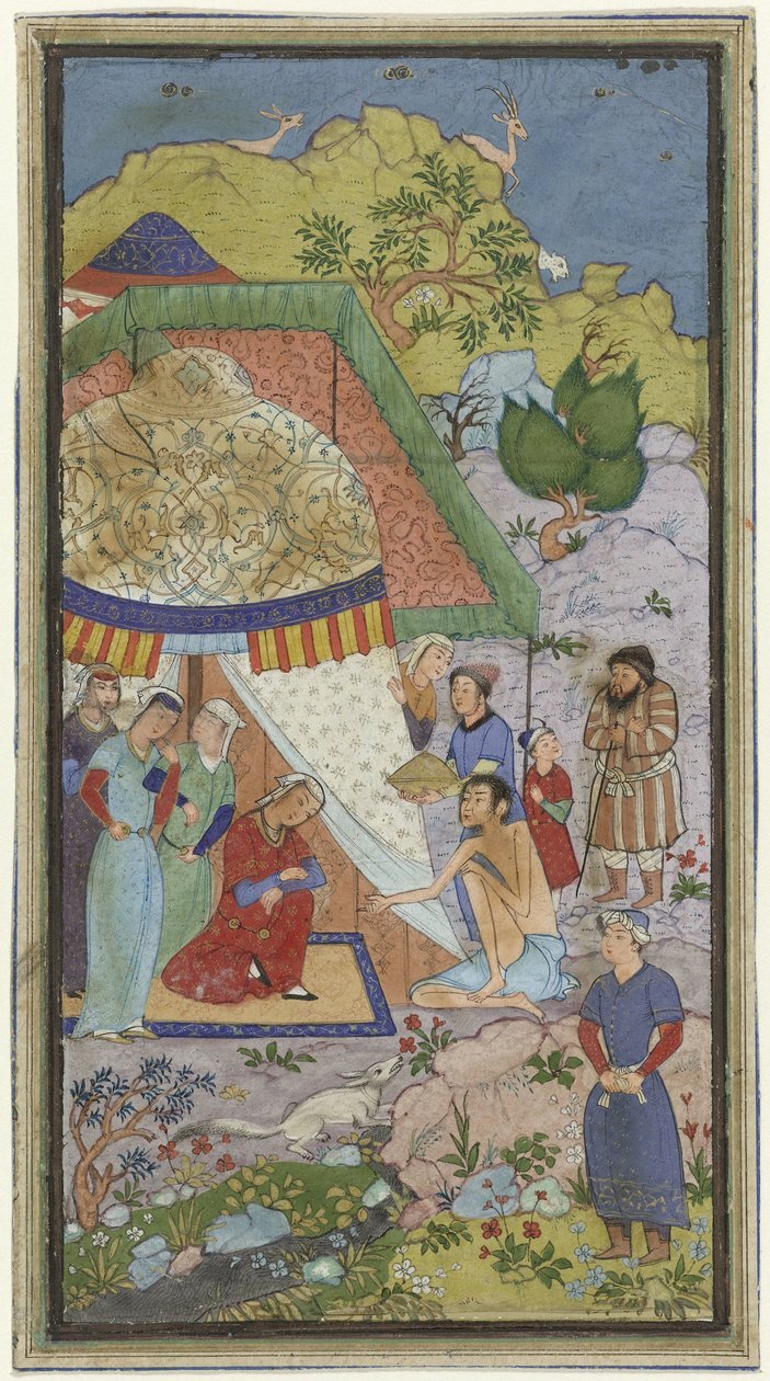 Avsnitt från kärlekshistorien om Laila och Majnun, Majnun pratar med Laila framför ett tält av Anonymous