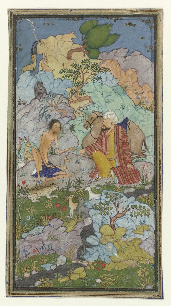 Avsnitt ur kärlekshistorien om Laila och Majnun, den utmärglade Majnun sitter i ett landskap med en man och hans kamel av Anonymous