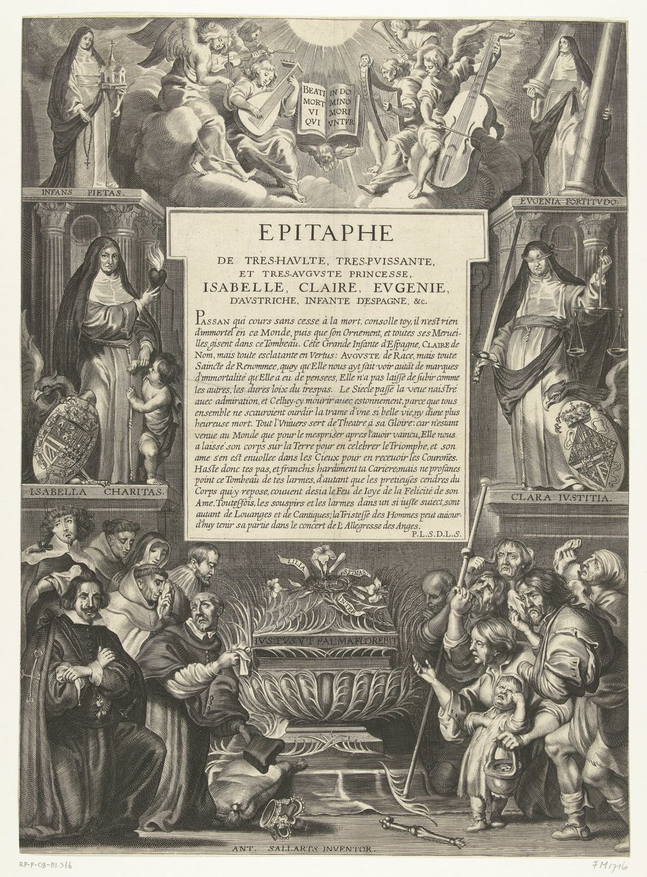 Epitaaf för Isabella Clara Eugenia, 1633 Epitafium över den Högste, den mäktigaste och den mesta Augustprinsessan, Isabella, Claire, Eugenie, av Österrike, Infanta av Spanien, etc. (titel på objekt) av Anonymous